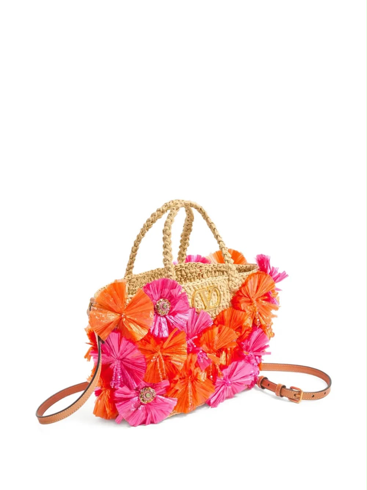 Small Raffia Shopping Bag with Flowers and Beads — Valentino Garavani