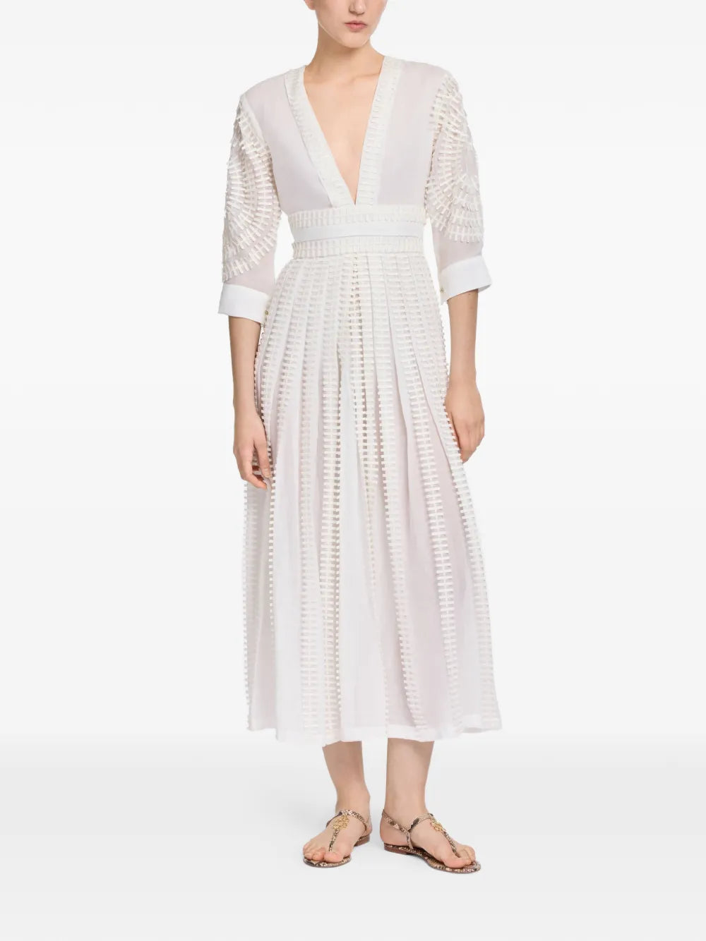 Cotton Embroidered Midi Dress — Powder White, main image