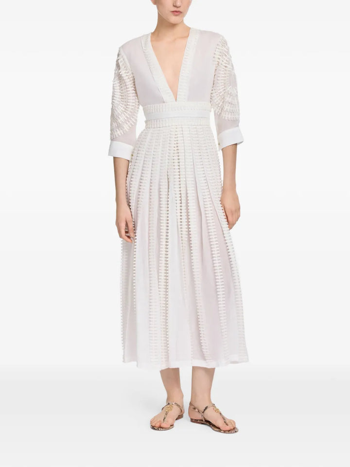 Cotton Embroidered Midi Dress — Powder White