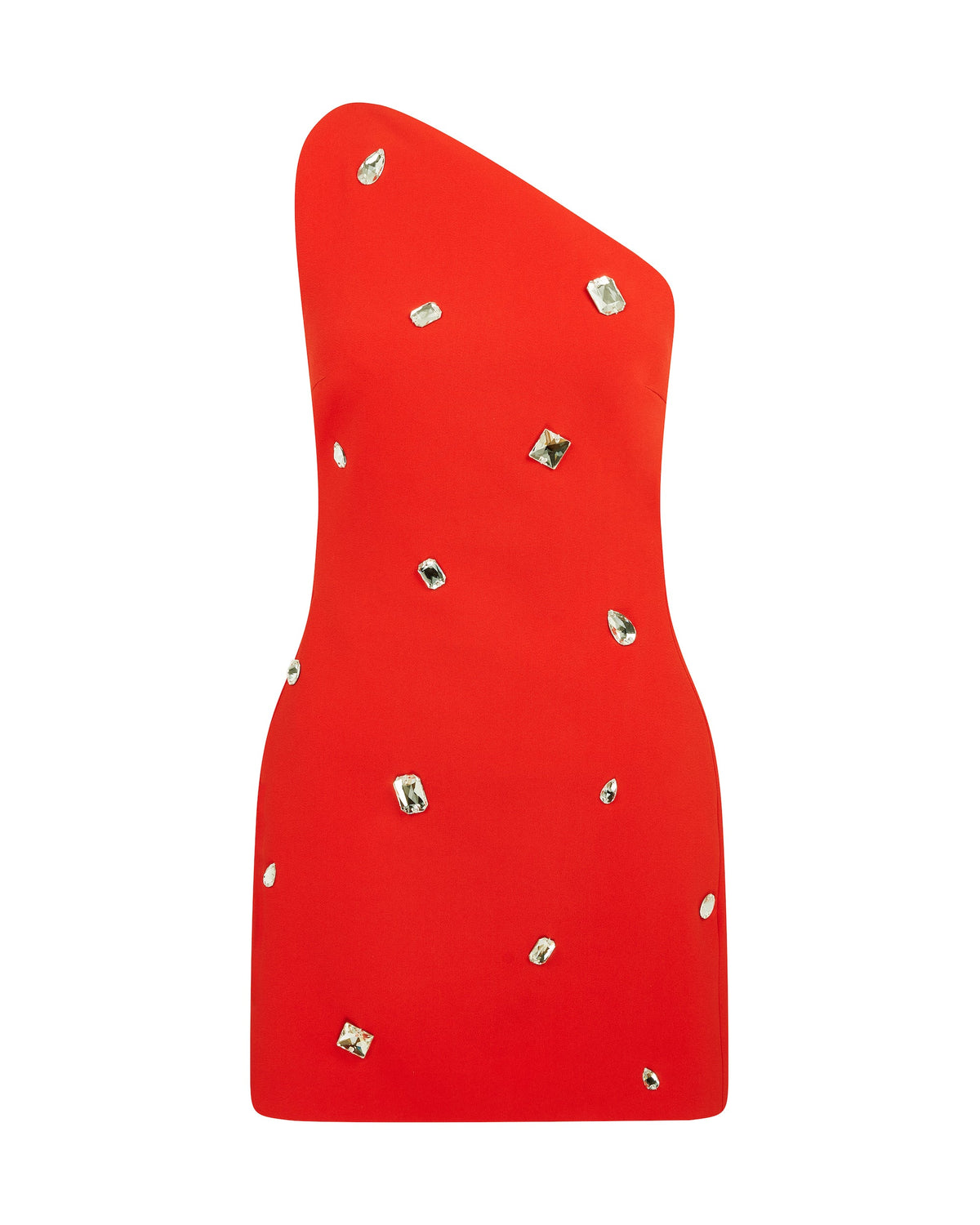 Allover Crystal Embr Detail Asymm Cut Mini Dress — Red/Silver, main image