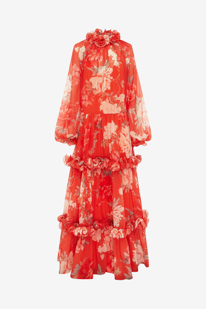 Angela Ruffled Maxi Dress — Saffron Peony Print — Leo Lin