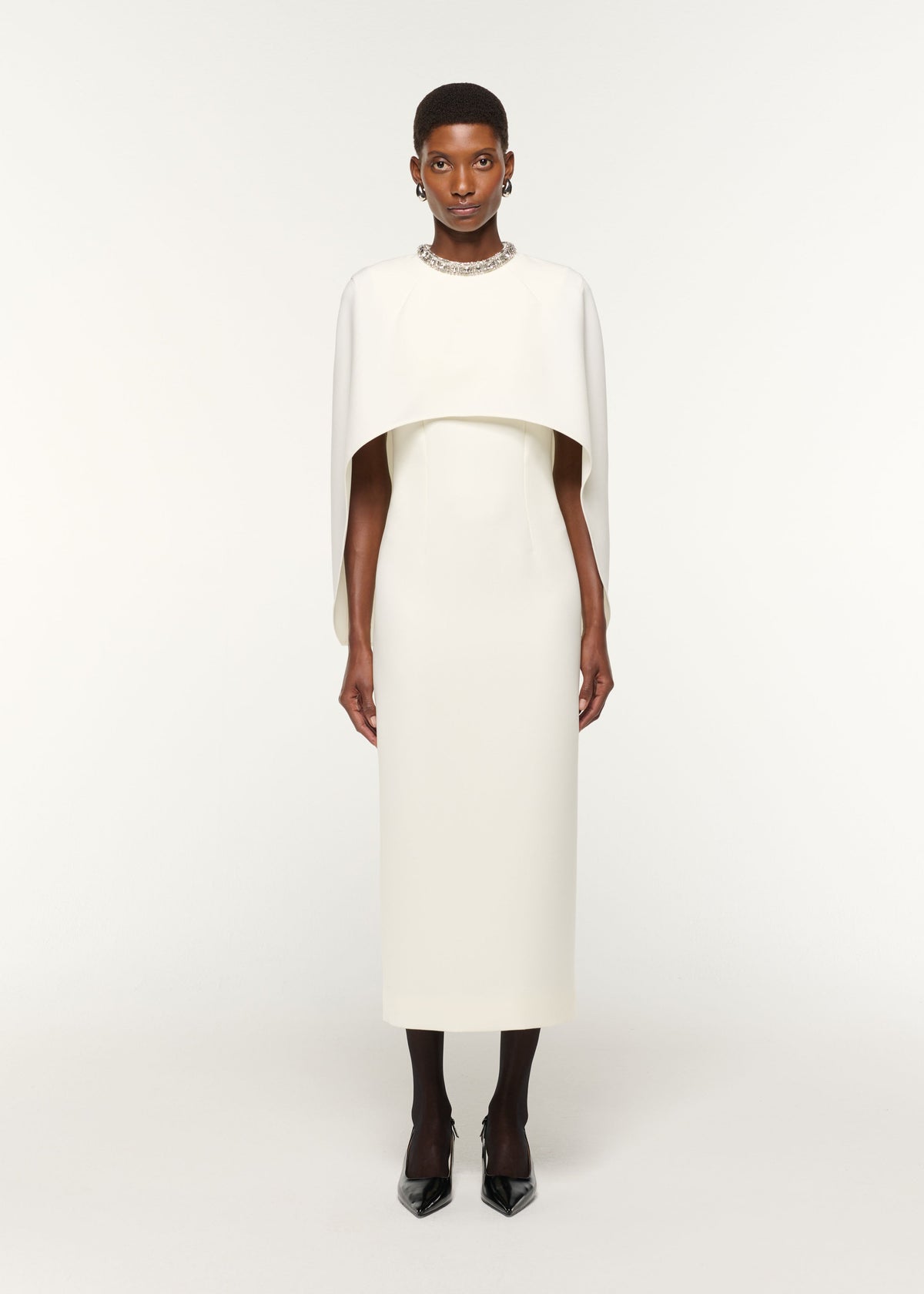 Crystal Neckline Crepe Cape Dress — Cream, main image