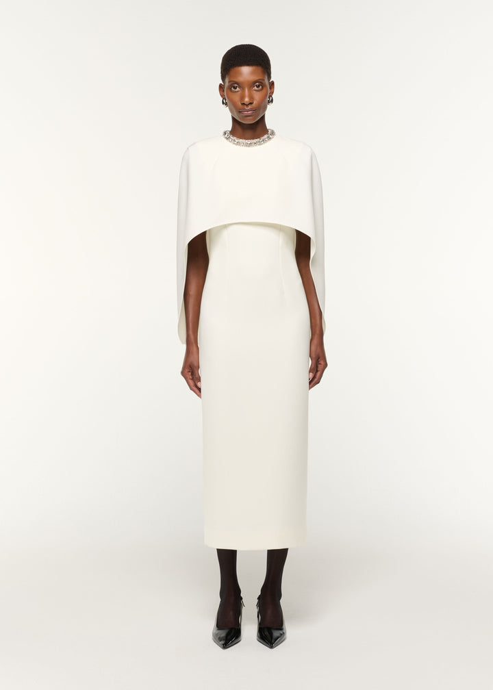Crystal Neckline Crepe Cape Dress — Cream — Roland Mouret