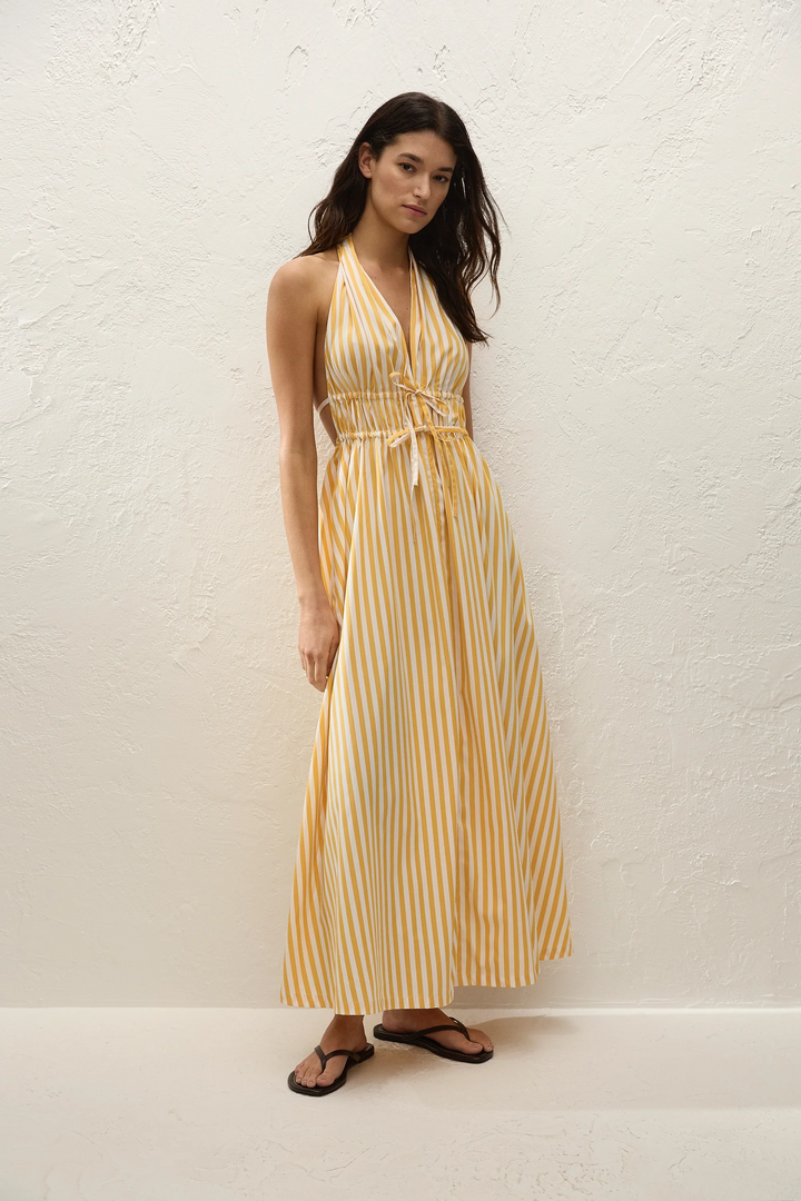 Ermita Midi Dress — Orozco Stripe Mustard — Faithfull The Brand