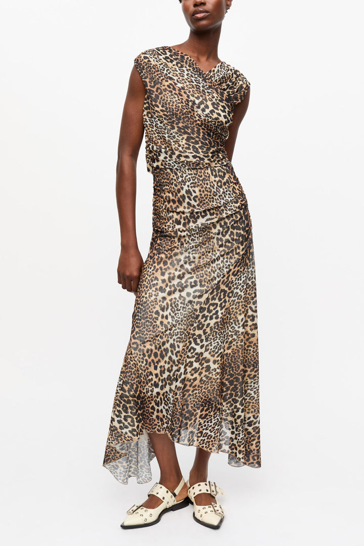 Leopard Marl Mesh Long Ruched Crossover Dress — GANNI