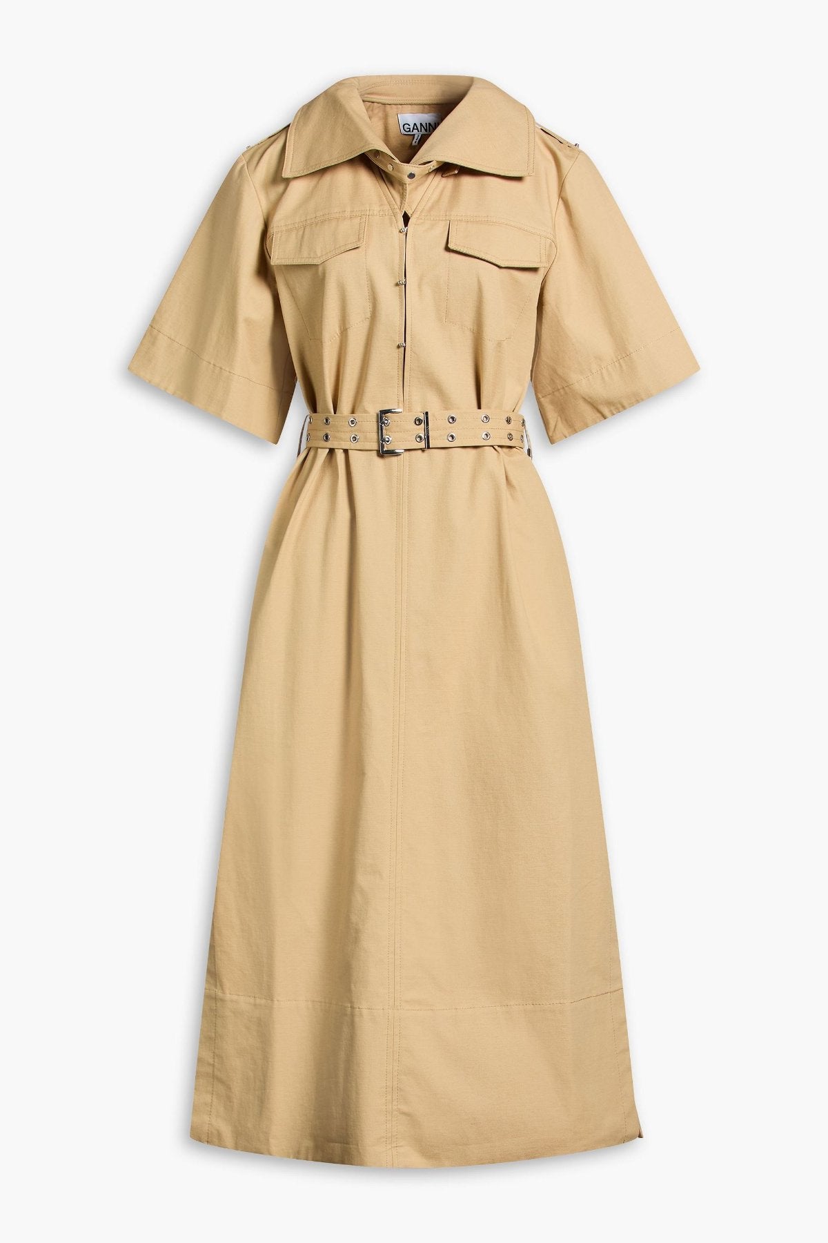 Belted Cotton and Linen-Blend Twill Midi Shirt Dress — Pale Khaki, main image