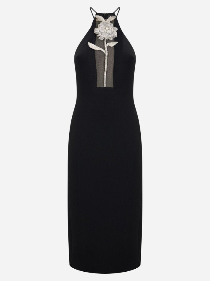 Crystal Flower Embroidery Detail Midi Dress — Black/Silver